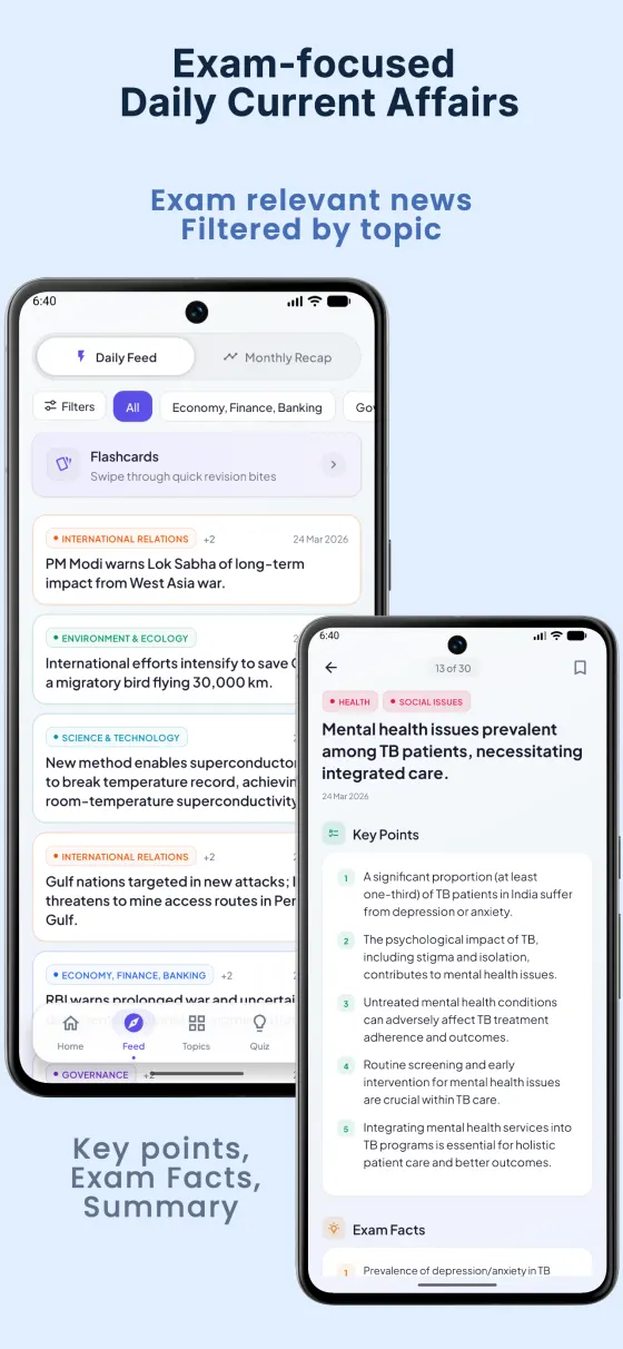 Daily current affairs feed with AI summaries for UPSC, SSC and Banking exams in the RetainIt app