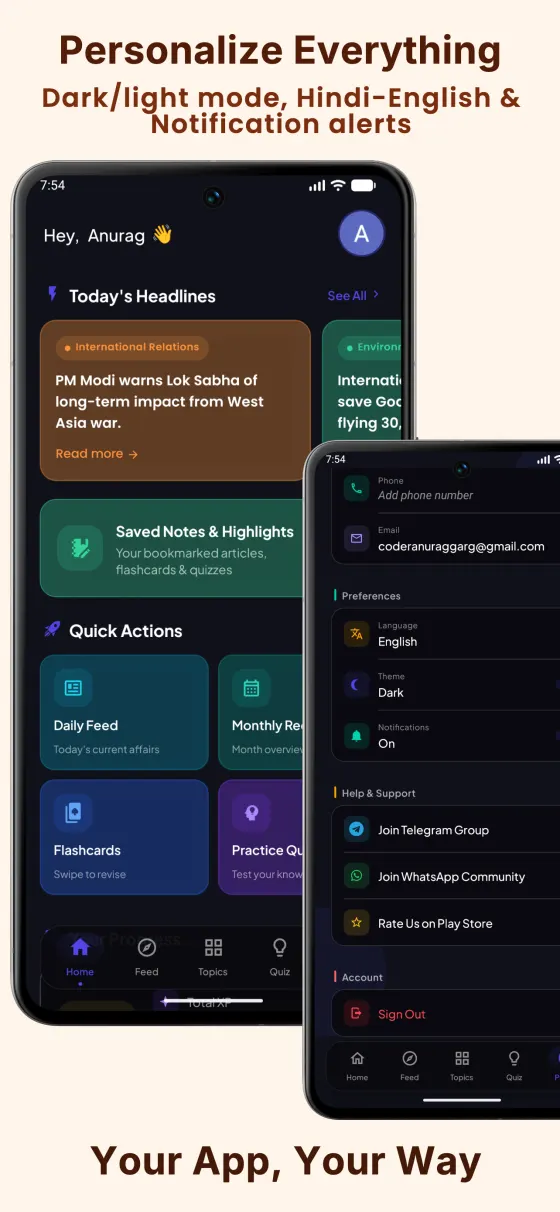 RetainIt current affairs app in dark mode with bookmarks and personal notes